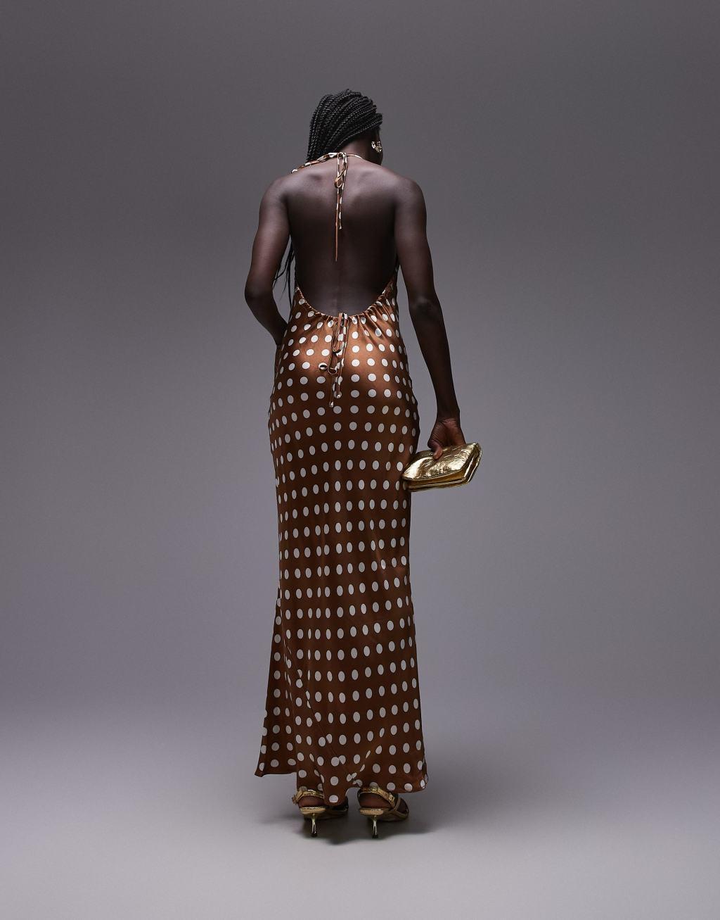 Topshop polka dot halter neck maxi dress in brown Product Image