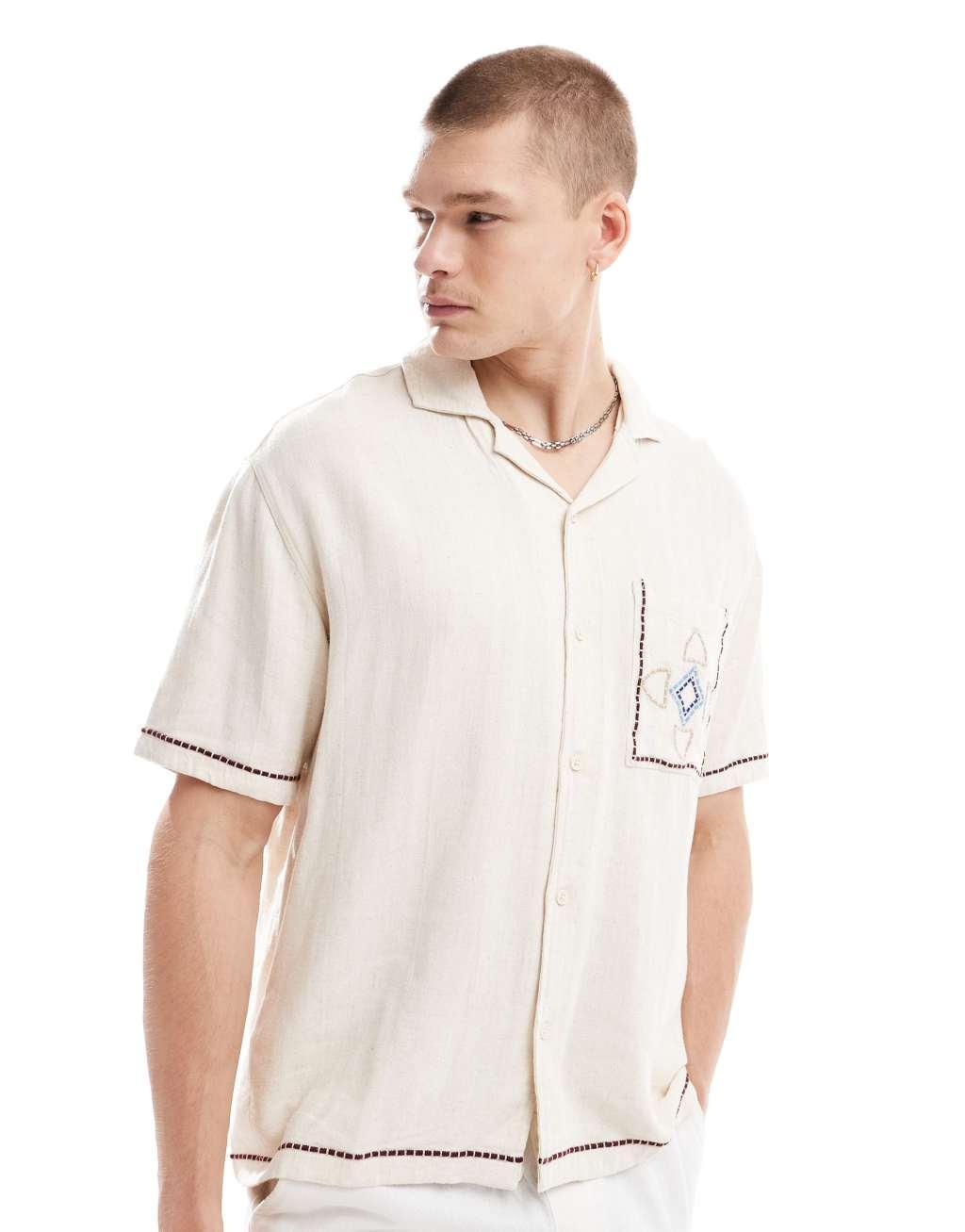 Bershka abstract embroidered shirt in ecru Product Image