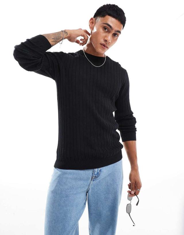 ASOS DESIGN essential muscle fit knitted rib sweater in black Product Image