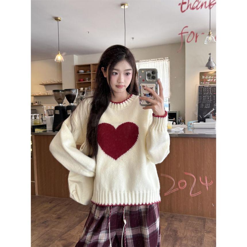 Crew Neck Heart Jacquard Sweater Product Image