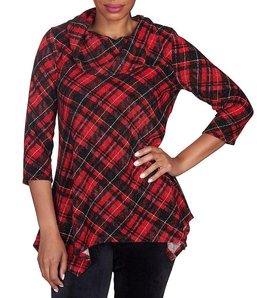 Ruby Rd. Petite Size Bias Plaid Print Side Split Cowl Neck 3/4 Sleeve Sharkbite Hem Top product image