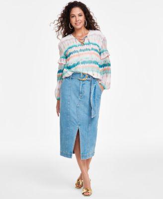 I.N.C. International Concepts Womens Printed Lace Up Blouse Denim Skirt Created For Macys Product Image