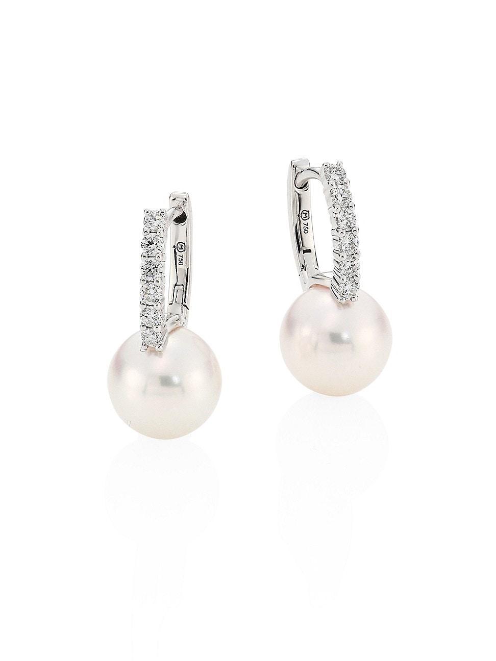 Classic 8MM White Cultured Akoya Pearl, Diamond & 18K White Gold Drop Earrings Product Image