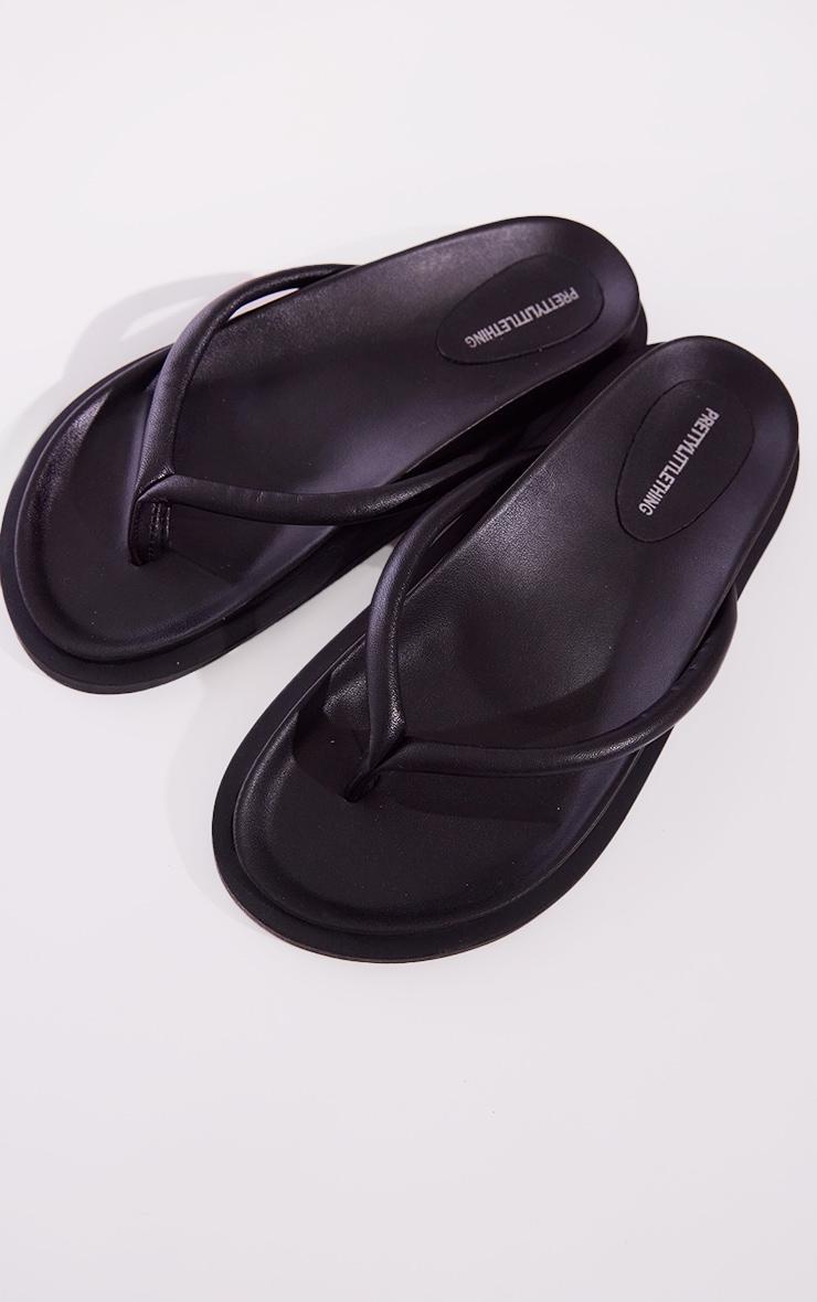 Black Real Leather Round Toe Flat Flip Flop Sandals Product Image