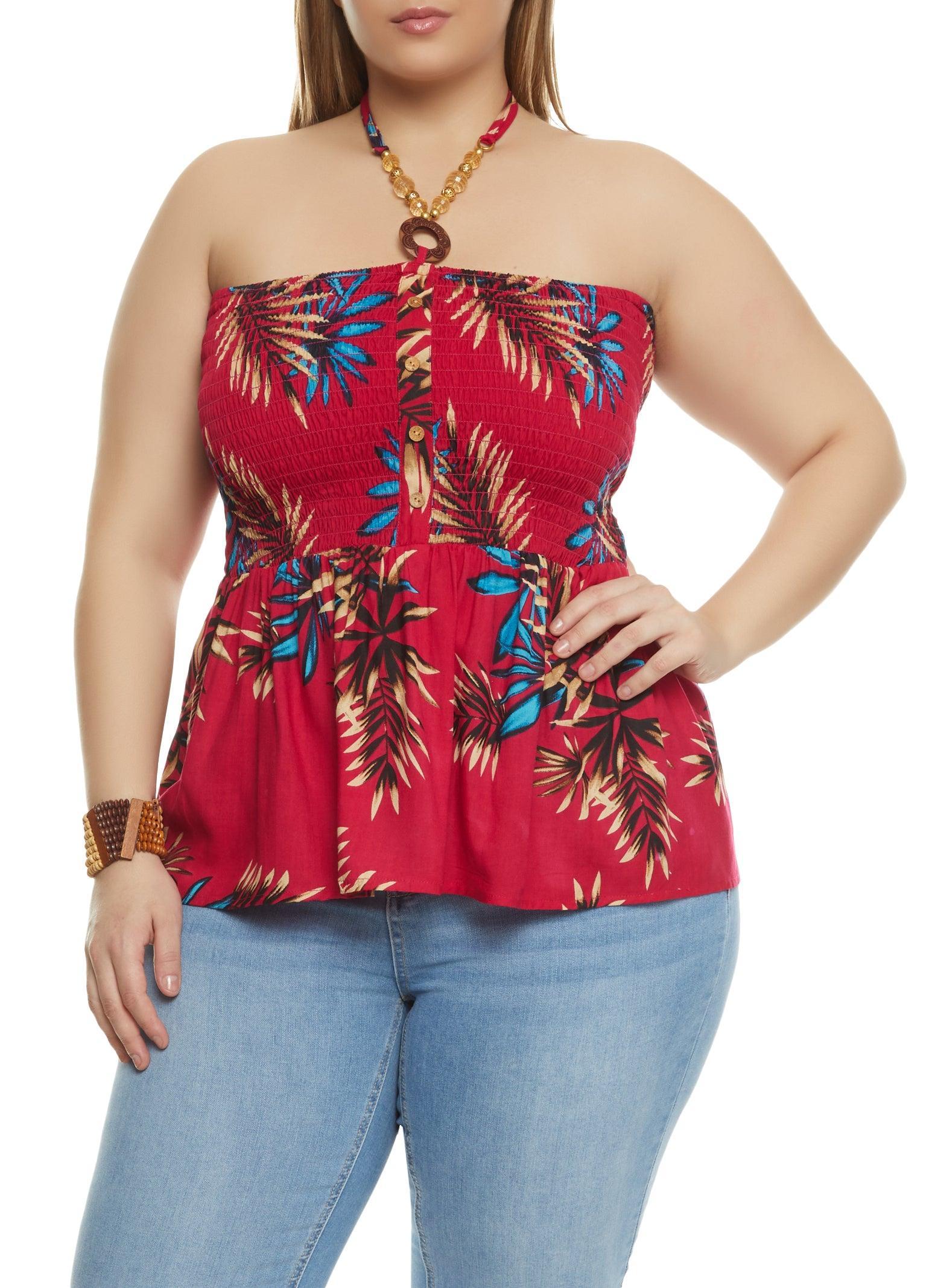 Womens Plus Size Tropical Print Smocked Halter Top Product Image