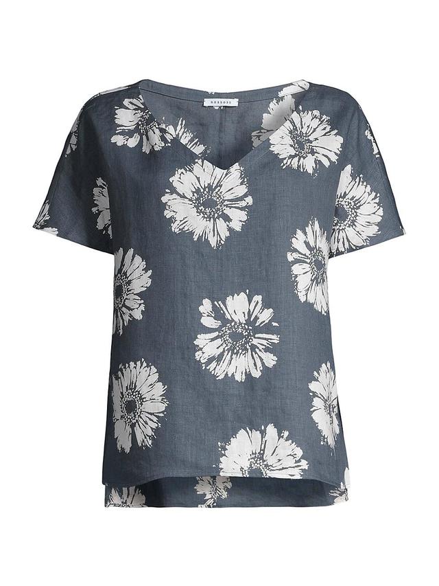 Womens Floral V-Neck Linen Top Product Image