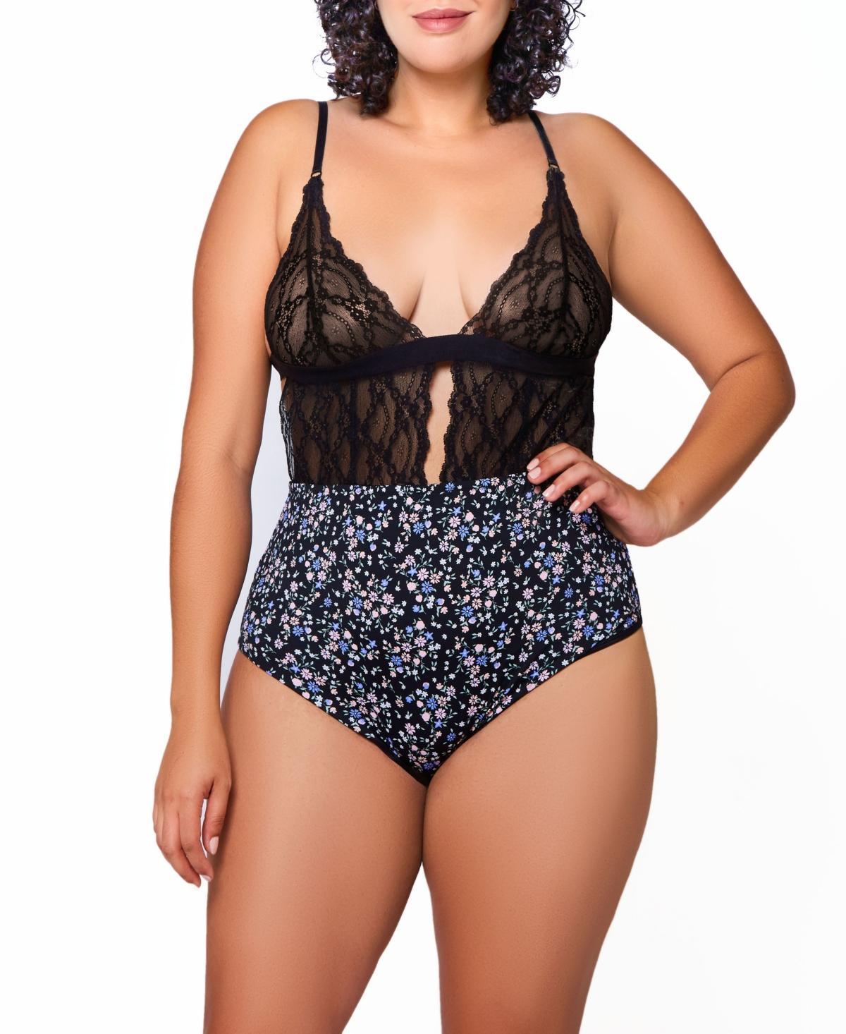 iCollection Plus Size Jasmine Lace and Printed Spandex Teddy - Navy, Black Product Image