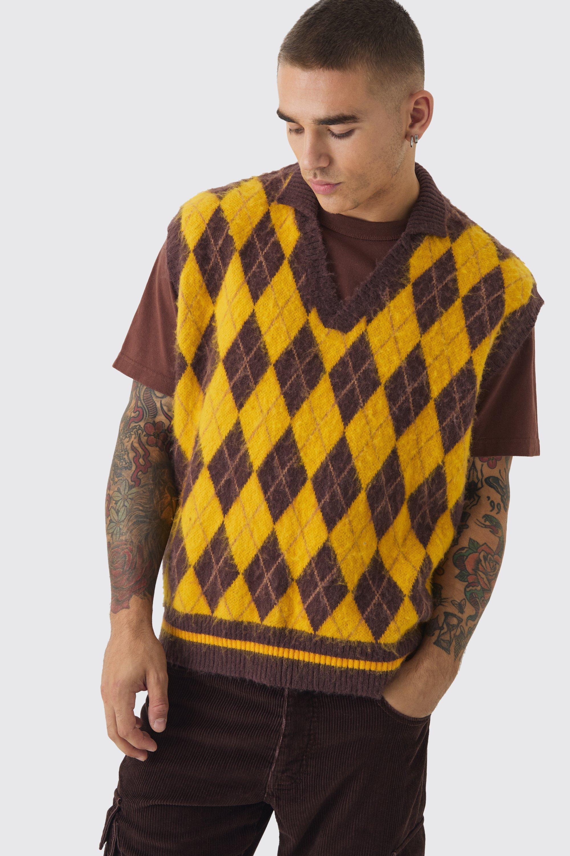 Oversized V Neck Argyle Fluffy Knit Vest | boohooMAN USA Product Image