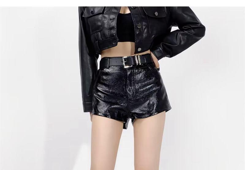 High Waist Plain Faux Leather Shorts Product Image