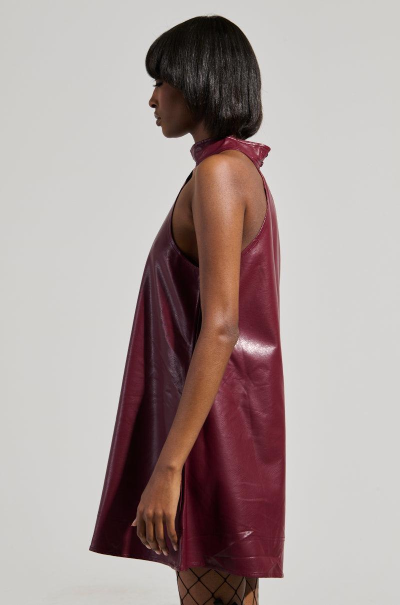 TAKE IT EASY PU MINI DRESS IN BURGUNDY Product Image