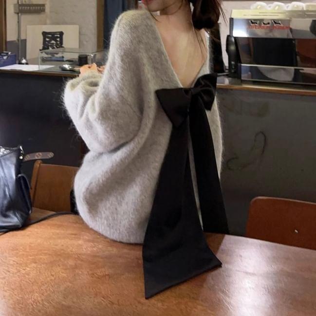 Long Sleeve Round Neck Bow Detail Backless Oversized Sweater Product Image