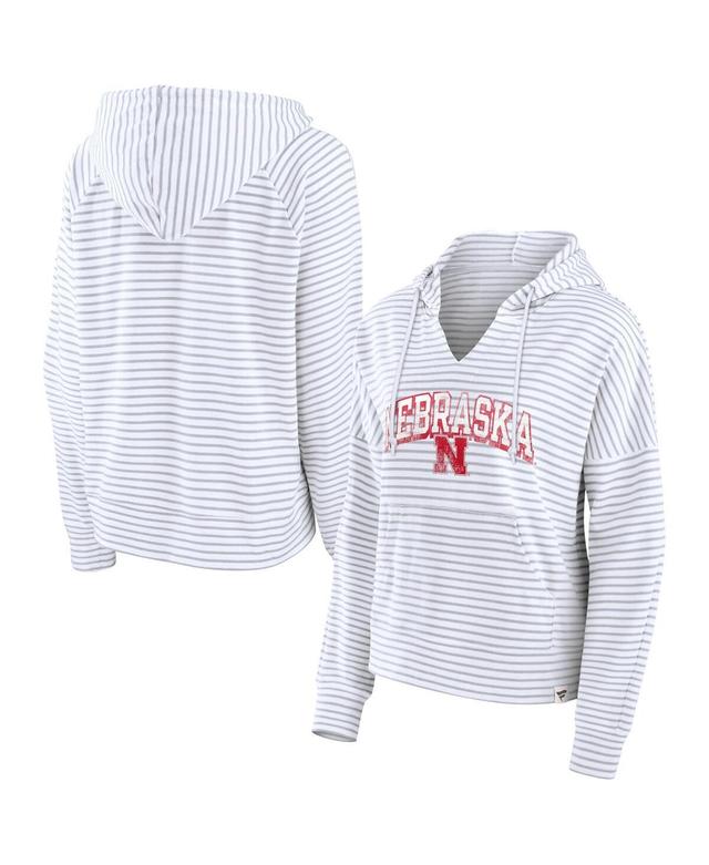 Womens Fanatics White Nebraska Huskers Striped Notch Neck Pullover Hoodie Product Image