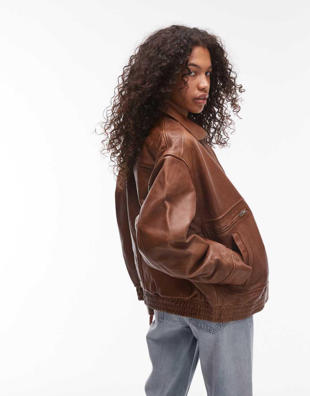 Topshop premium real leather oversized bomber jacket in brown Product Image