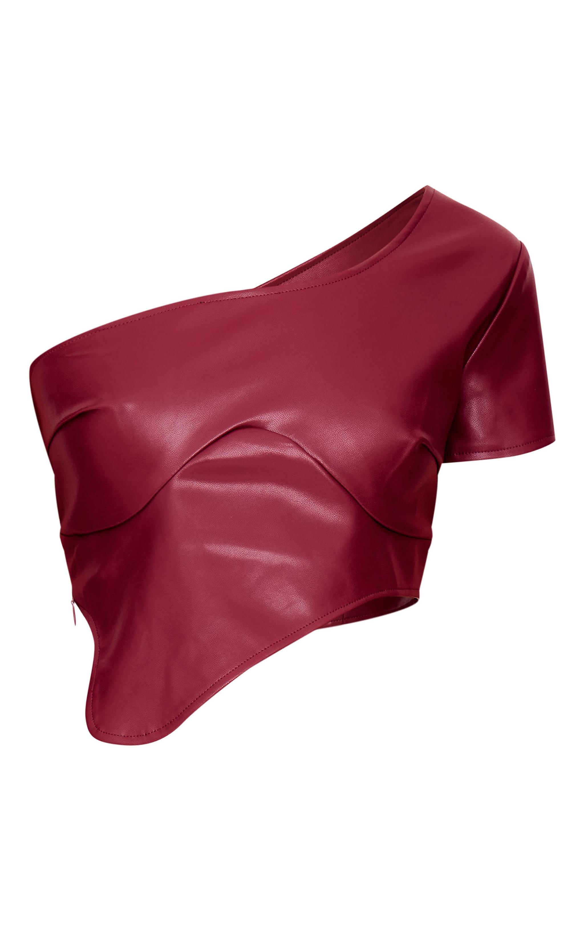 Burgundy Faux Leather One Shoulder Asymmetric Crop Top Product Image