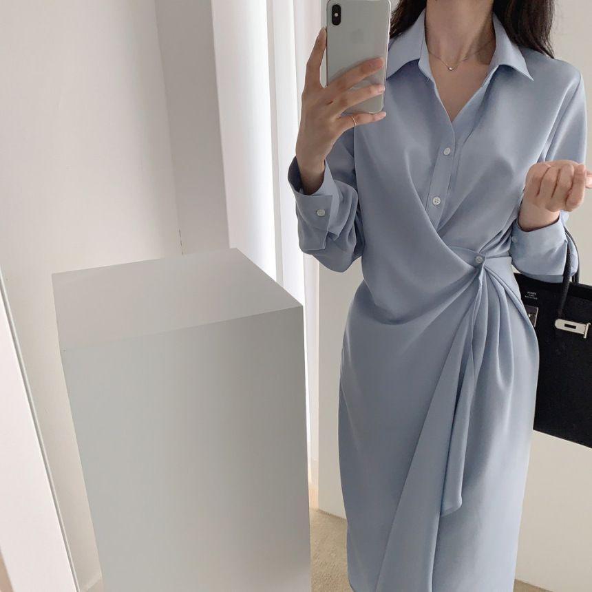 Long-Sleeve Asymmetrical Plain Wrap Midi Shirtdress Product Image