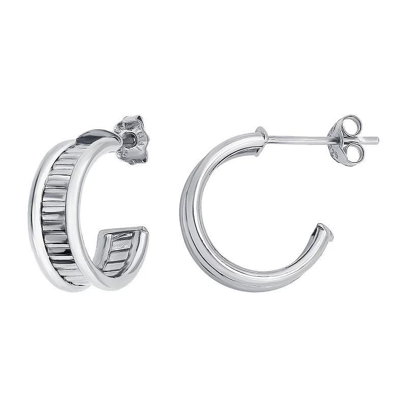 Aleure Precioso Sterling Silver Textured Center C-Hoop Earrings, Womens Product Image