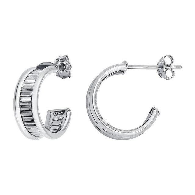 Aleure Precioso Sterling Silver Textured Center C-Hoop Earrings, Womens Product Image