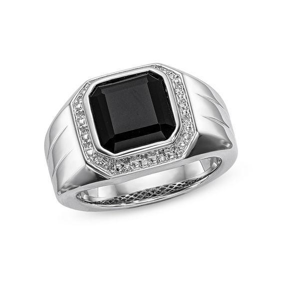 Men's 10.0mm Octagonal Onyx and Diamond Accent Frame Band in Sterling Silver Product Image