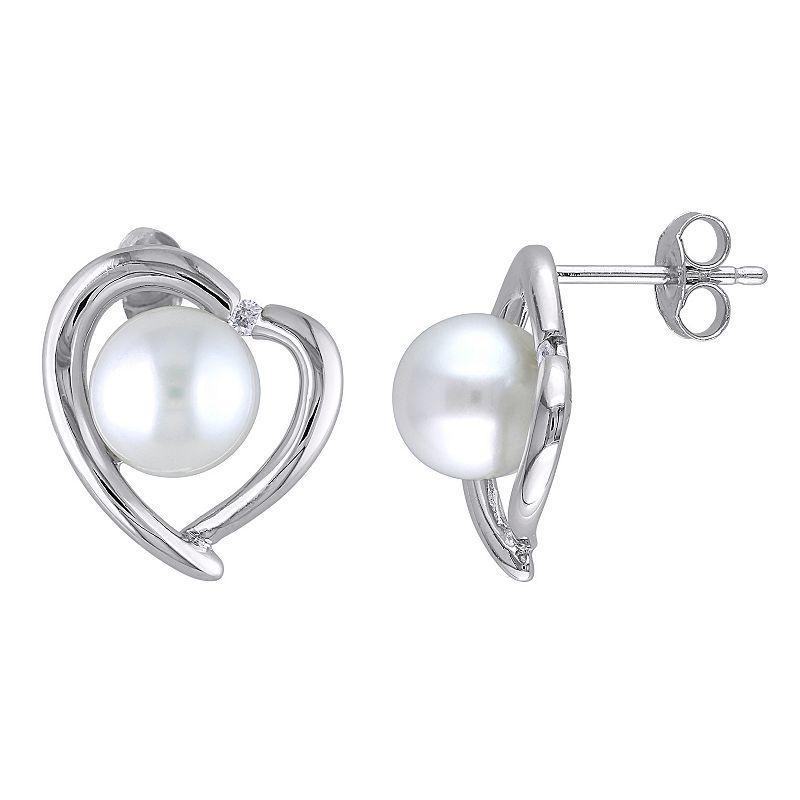 Stella Grace Sterling Silver Diamond Accent & Freshwater Cultured Pearl Heart Earrings, Womens Product Image