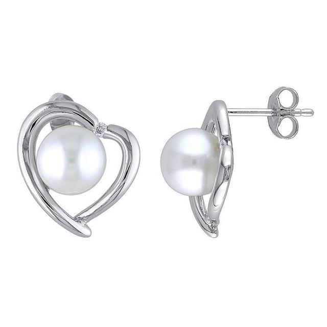 Stella Grace Sterling Silver Diamond Accent & Freshwater Cultured Pearl Heart Earrings, Womens, White Product Image