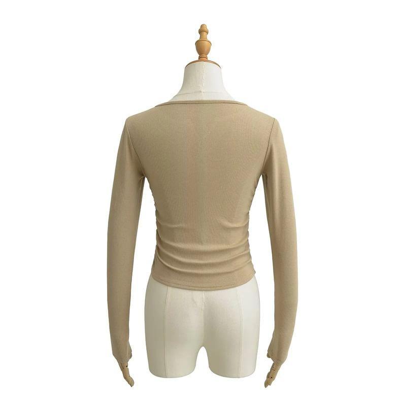 Long Sleeve Notch Neck Plain Ruched T-Shirt Product Image