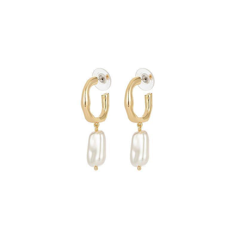 Roman 14k Gold Plated Glass Simulated Baroque Pearl Hoop Drop Earrings, Womens, Gold Tone Product Image