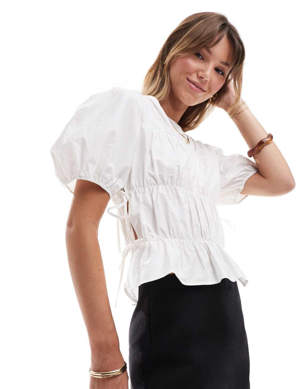 ASOS DESIGN tie side ruched top with puff sleeves in white Product Image