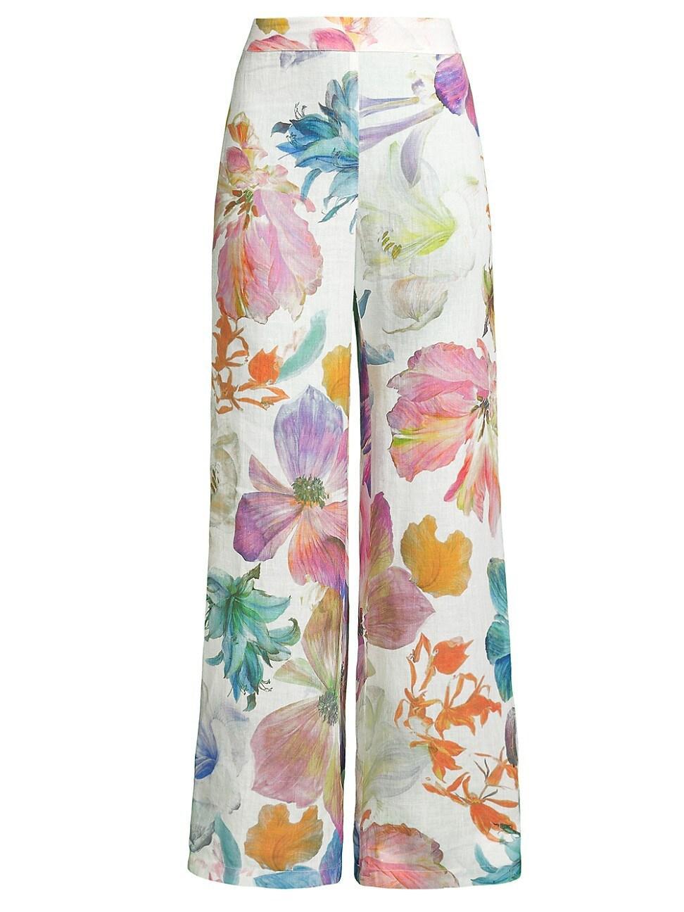 Womens Linen Floral Wide-Leg Pants Product Image