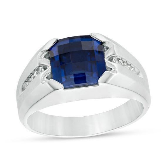 Men's Cushion-Cut Lab-Created Blue Sapphire and 1/20 CT. T.w. Diamond Ring in Sterling Silver Product Image