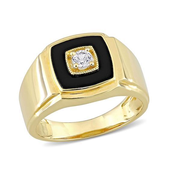 Men's 10.0mm Cushion-Cut Onyx and Lab-Created White Sapphire Stepped Edge Ring in Sterling Silver with Yellow Rhodium Product Image