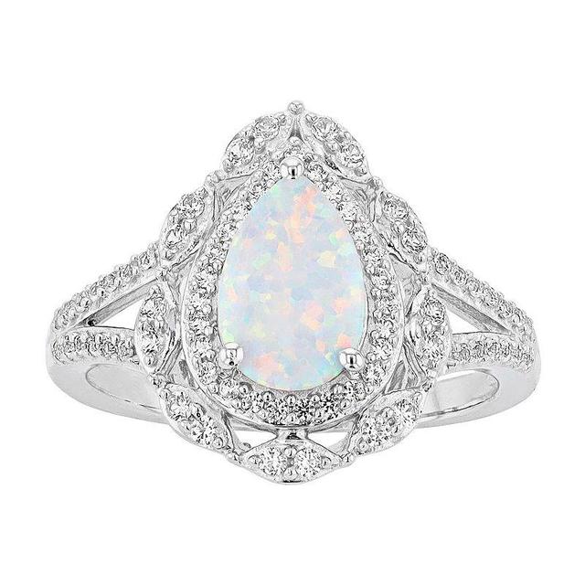 Sterling Silver Lab-Created White Opal & Lab-Created White Sapphire Teardrop Ring, Womens Product Image