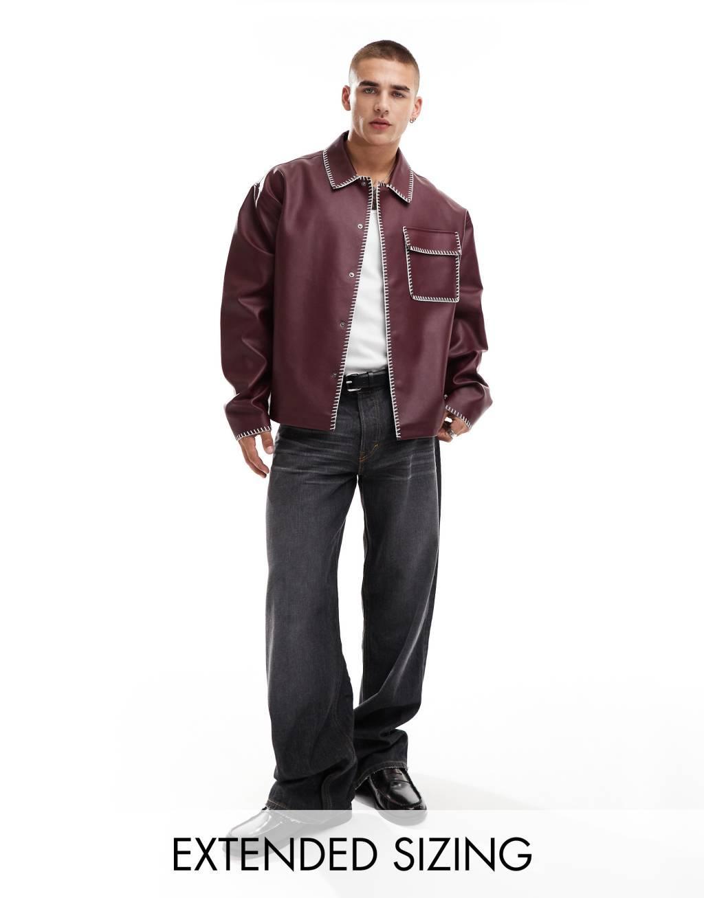 ASOS DESIGN faux leather harrington jacket with contrast stitch in burgundy Product Image