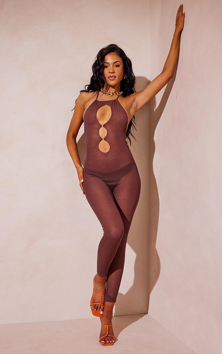 Tall Chocolate Sheer Knit Cut Out Jumpsuit Product Image