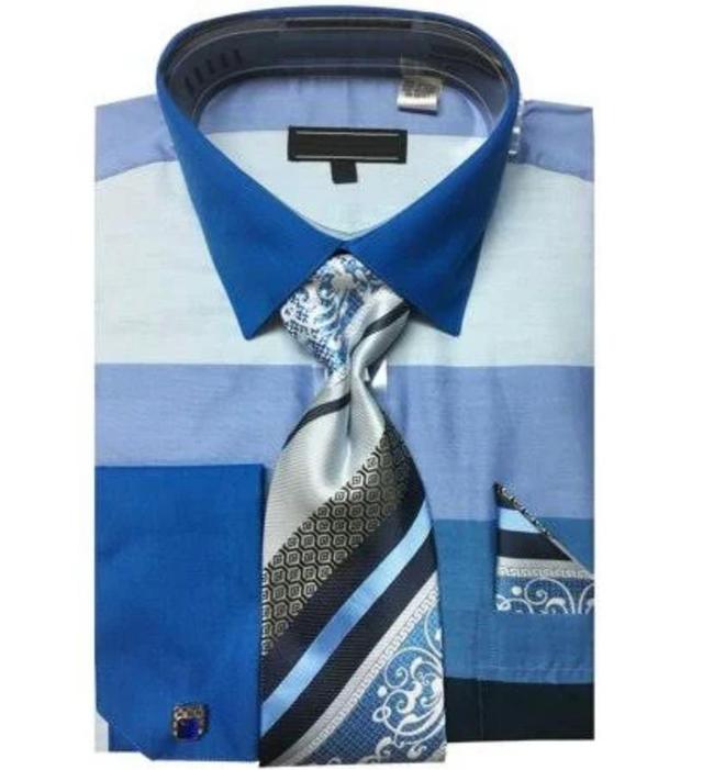 French Cuff Shirt in Blue with Tie, Cuff Links, and Pocket Square Product Image