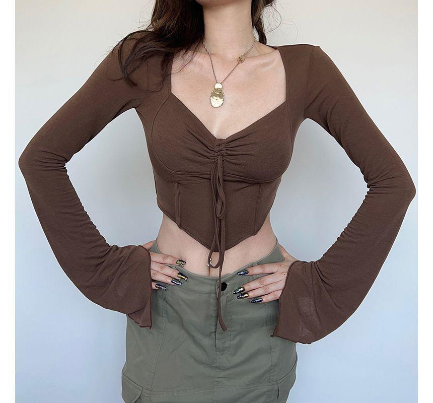 Long-Sleeve Plain Drawstring Corset Top Product Image