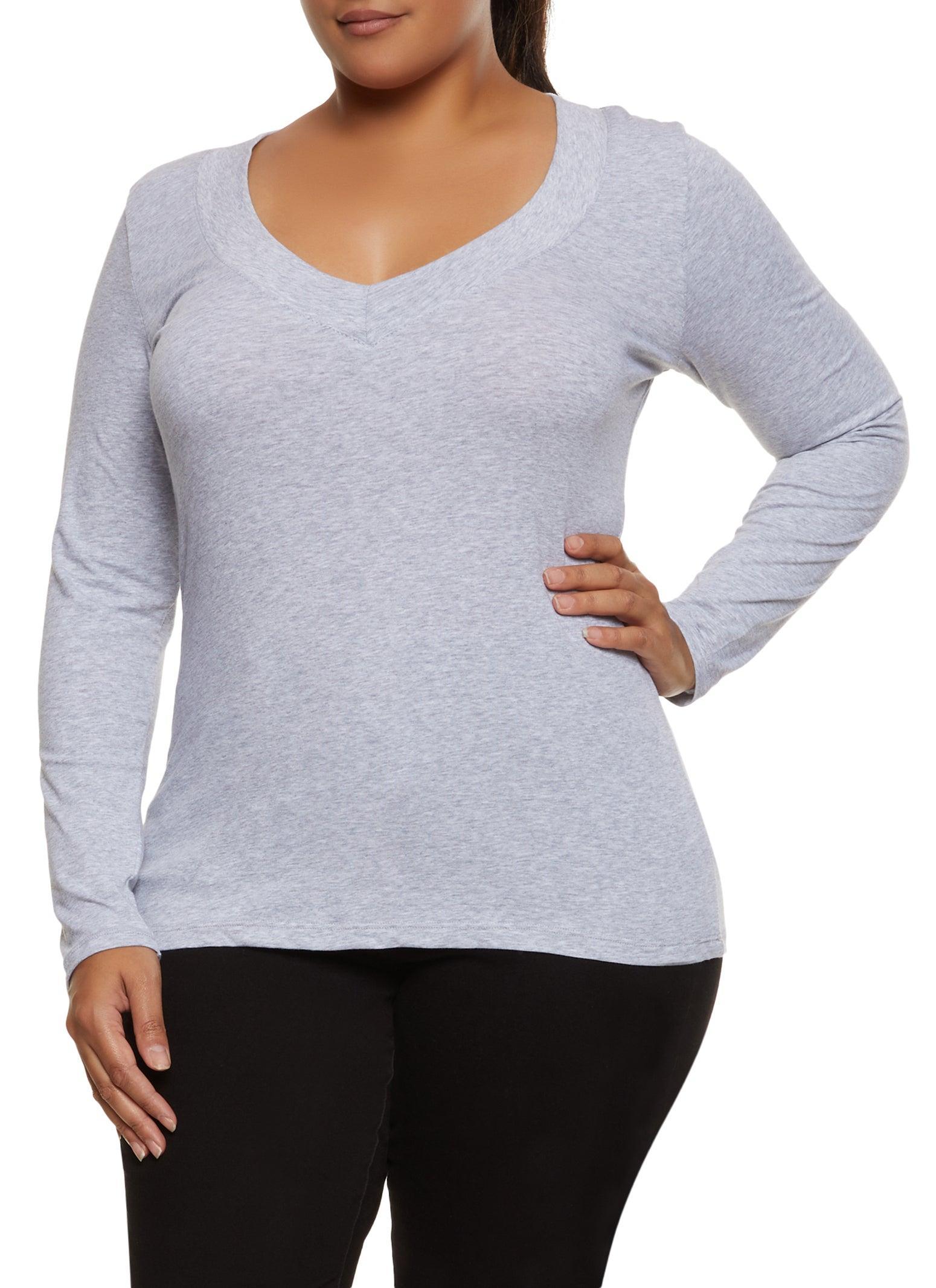 Womens Plus Size Solid V Neck Long Sleeve Tee Product Image