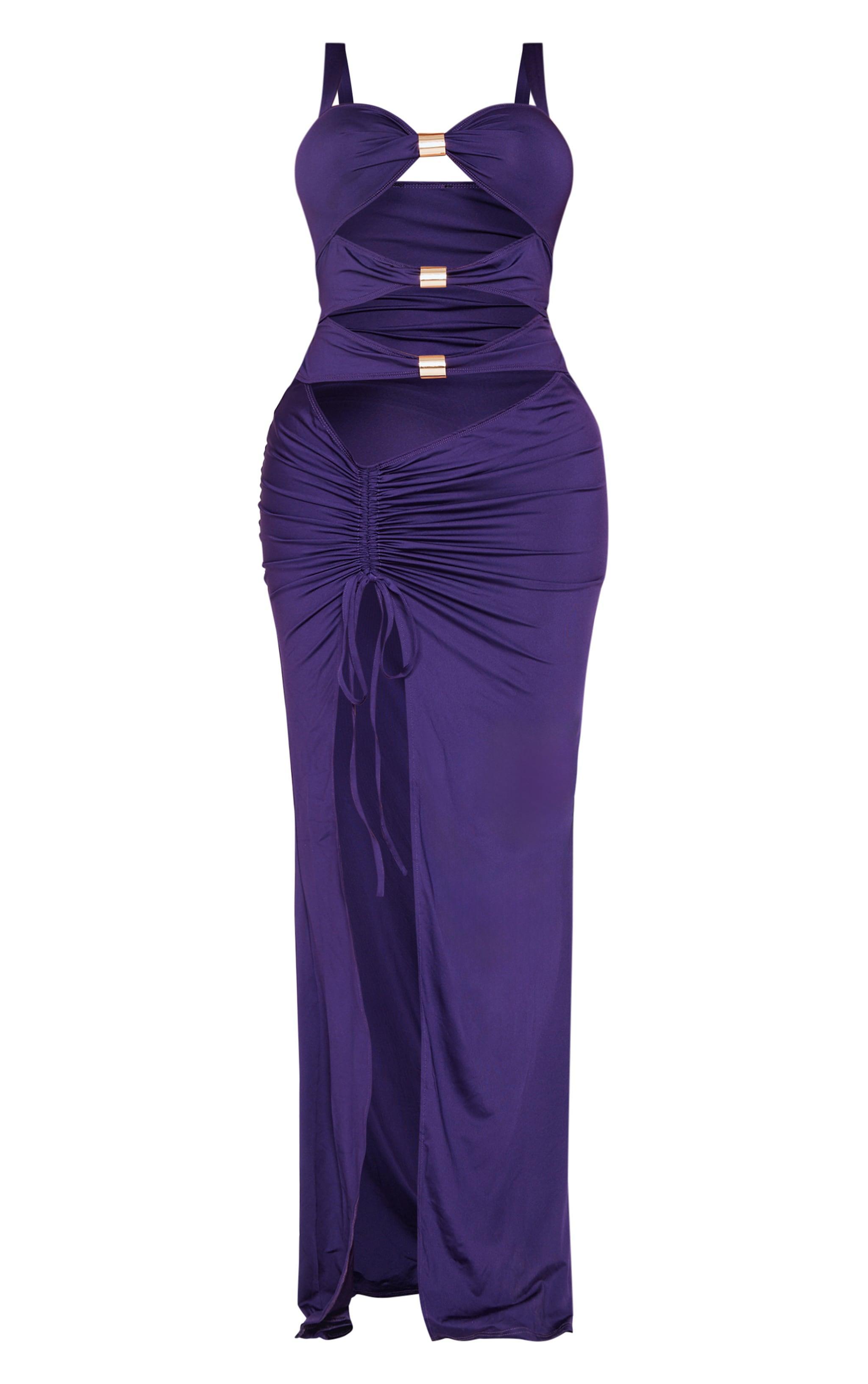 Shape Purple Cut Out High Leg Maxi Dress With Gold Trim Product Image