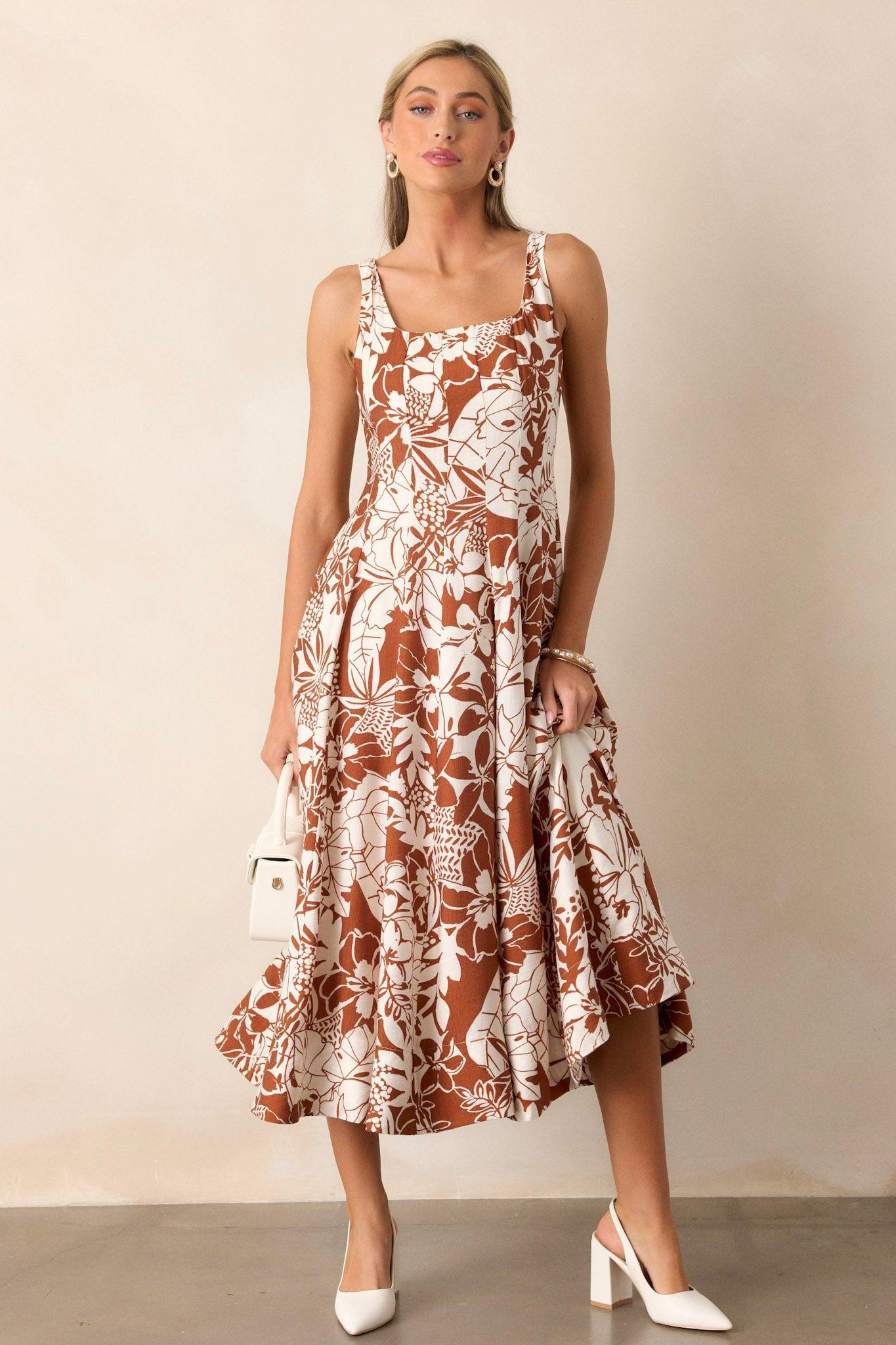 Young Love Caramel Floral Midi Dress Product Image