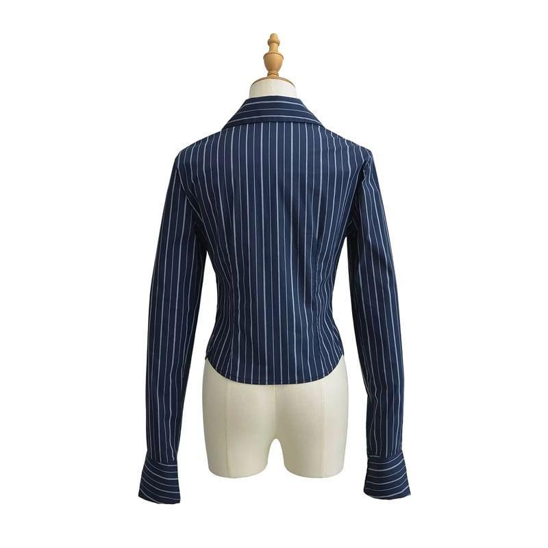 Long-Sleeve V-Neck Collared Striped Ruched Button-Up Blouse Product Image