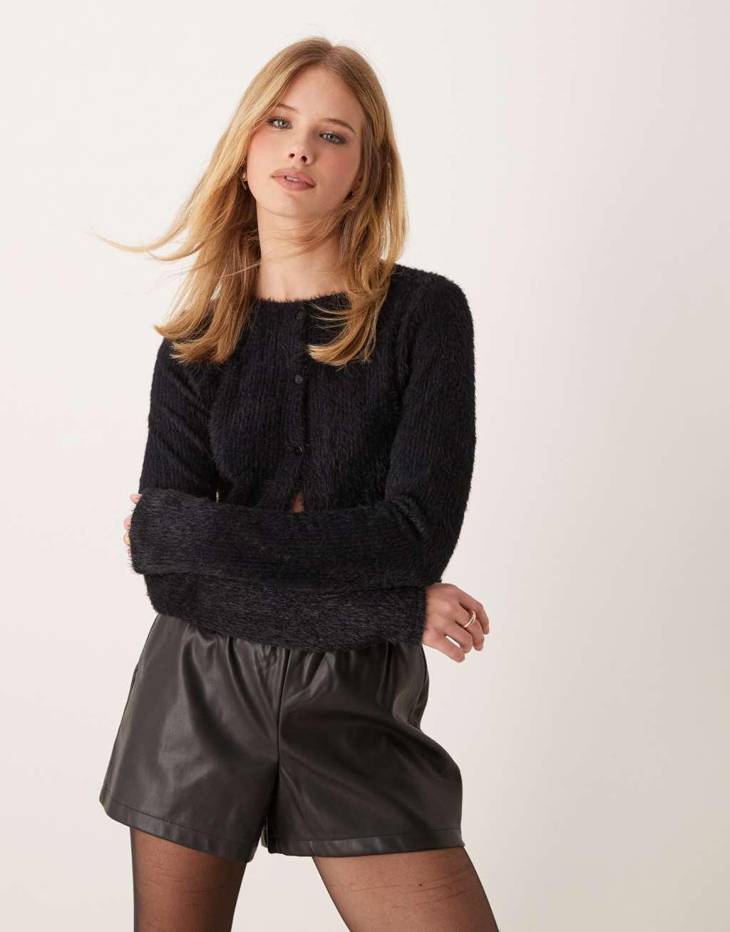 Miss Selfridge fluffy ribbed cardigan in black Product Image