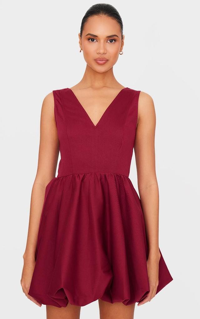 Burgundy Tailored Woven V Neck Puffball Mini Dress Product Image