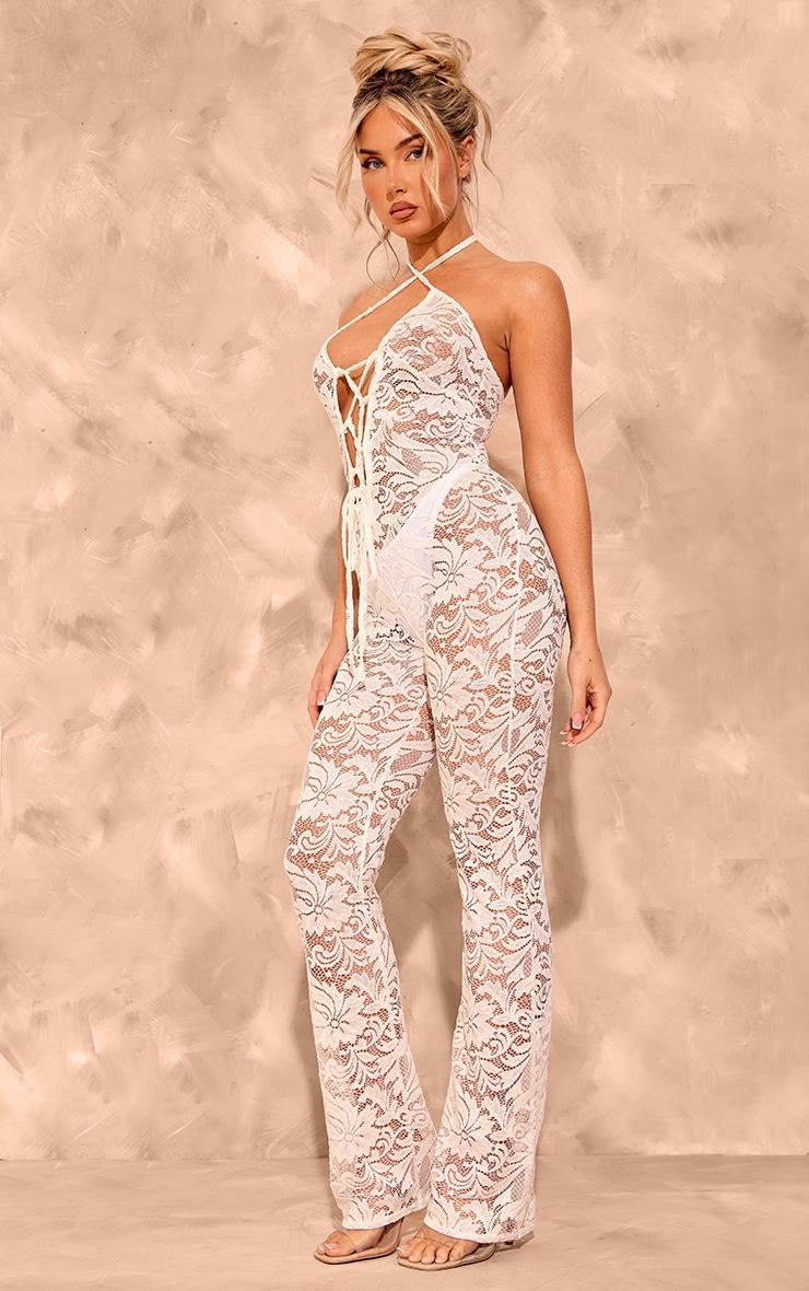 White Lace Strappy Lace Up Jumpsuit Product Image