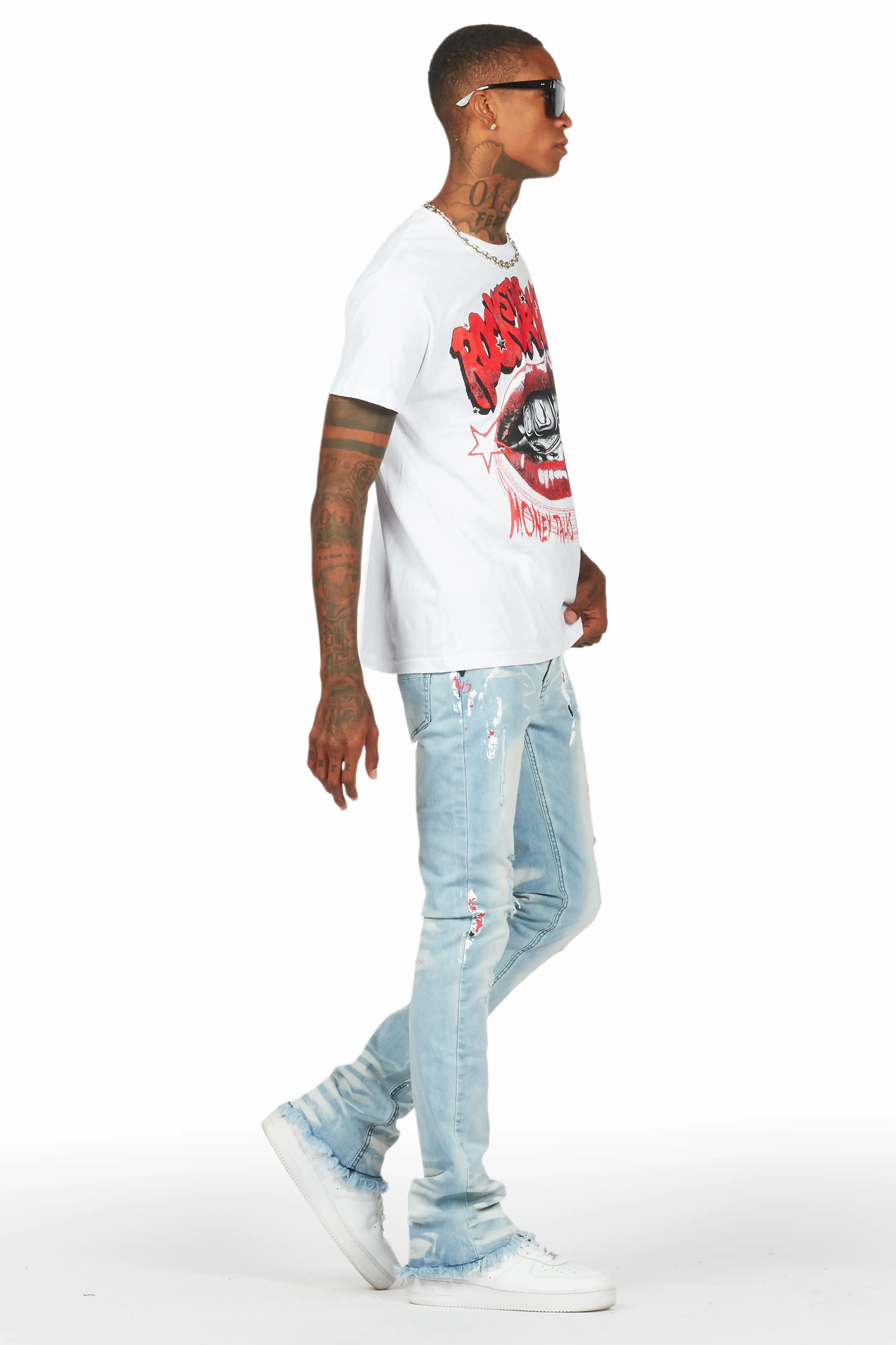 Bloke White/Blue T-Shirt/Stacked Flare Jean Set Male Product Image