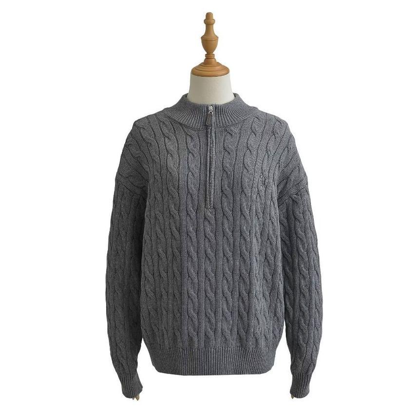 Stand Collar Half Zip Plain Cable Knit Sweater Product Image