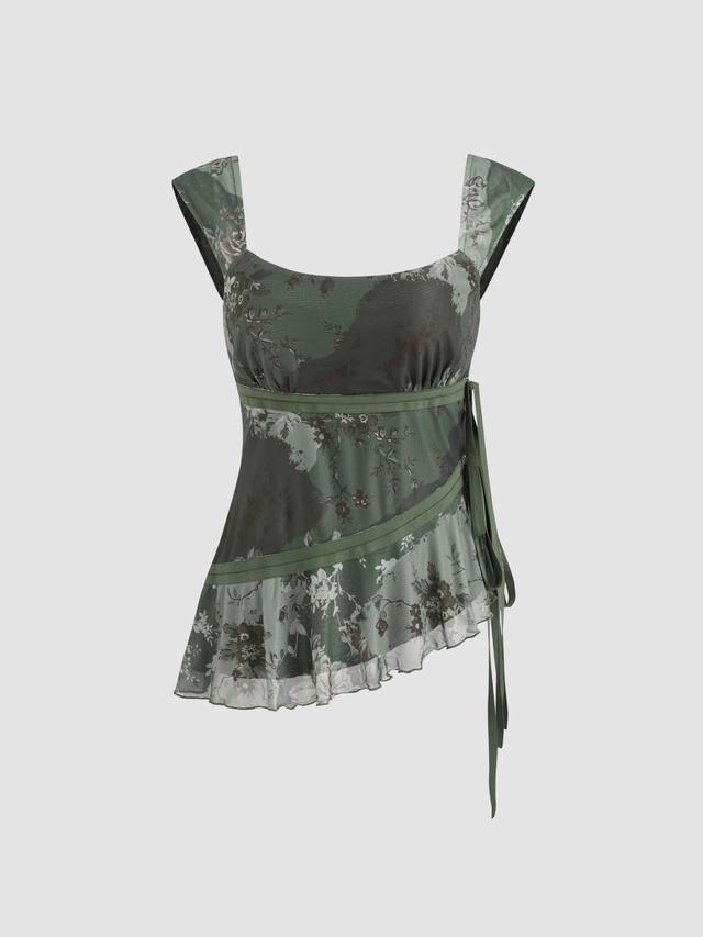 Mesh U-neckline Floral Asymmetrical Ruffle Trim Knotted Tank Top Product Image