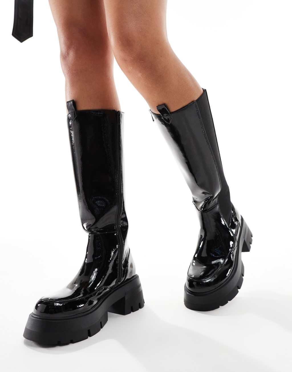 Public Desire Bryant pull on knee high boots in black crinkle patent Product Image