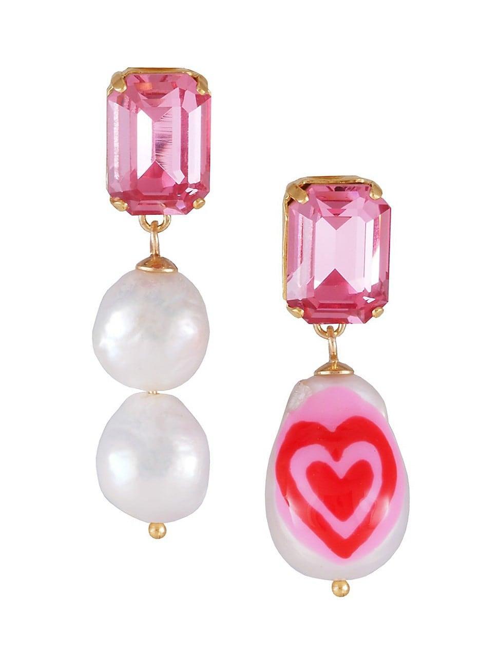 Womens 14K Gold-Plated, Freshwater Pearl & Crystal Mismatched Earrings Product Image