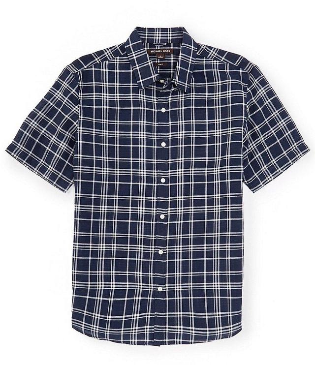 Michael Kors Slim Fit Linen Blend Check Short Sleeve Woven Shirt Product Image