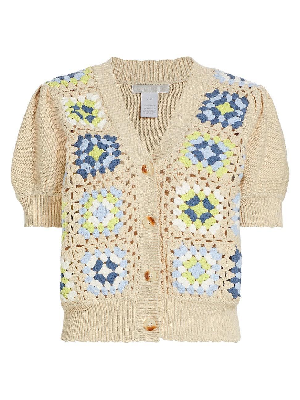 Womens Crochet Geometric Short-Sleeve Cardigan Product Image