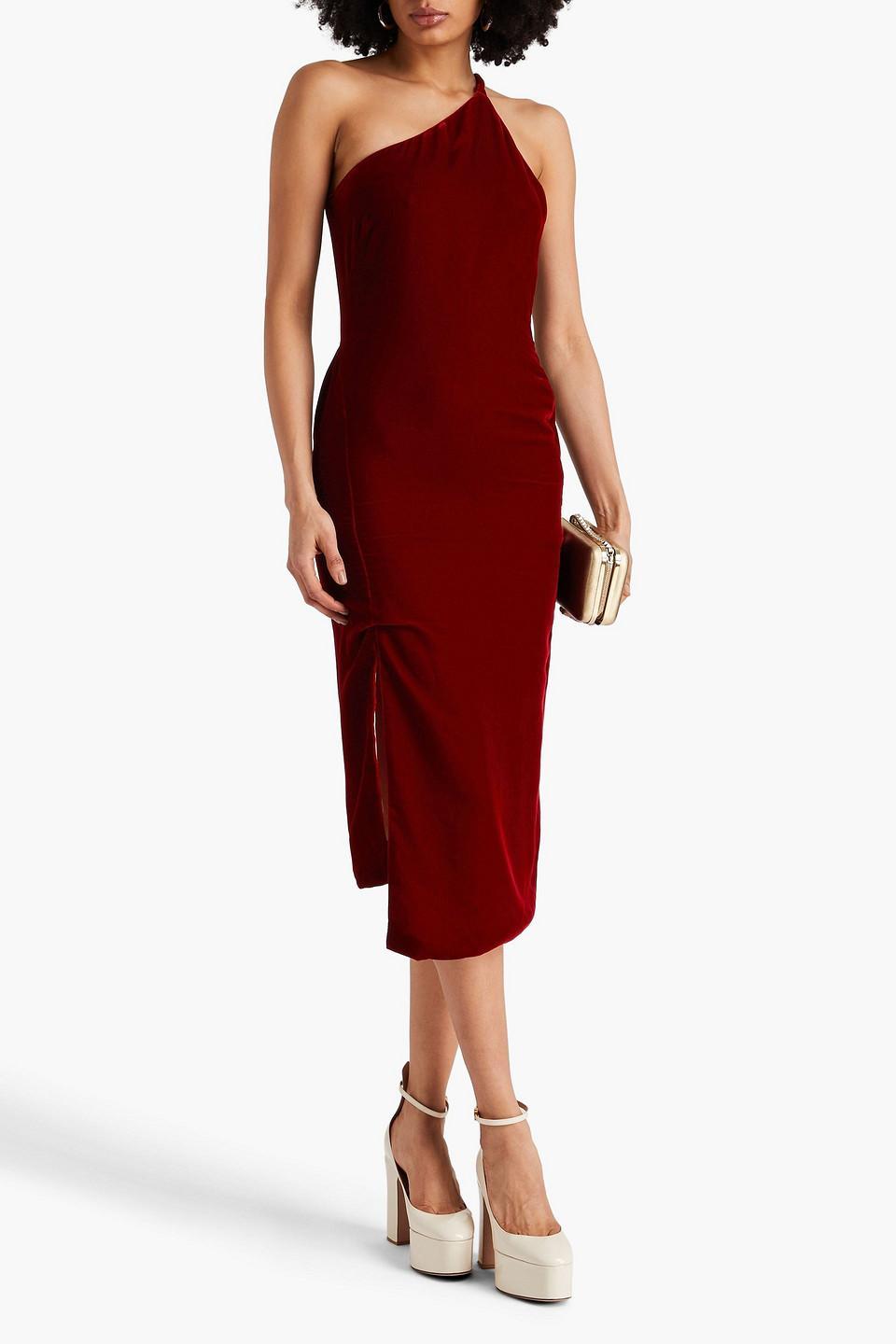 One-shoulder Cutout Velvet Midi Dress In Burgundy Product Image